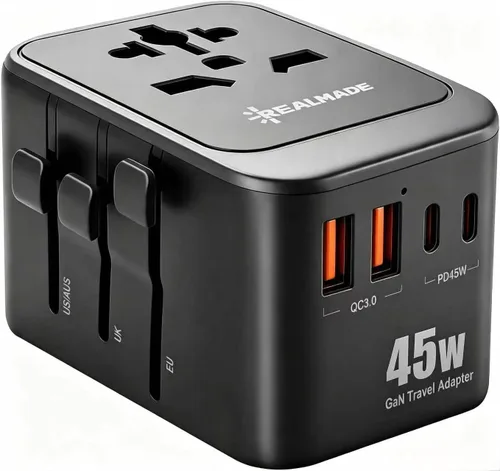 Vista 10 de Realmade Adaptador de viaje universal de 35 W con carga rápida PD, 5 puertos (1 AC/2 USB-A/2 USB-C) adaptador de enchufe de viaje europeo, tipo