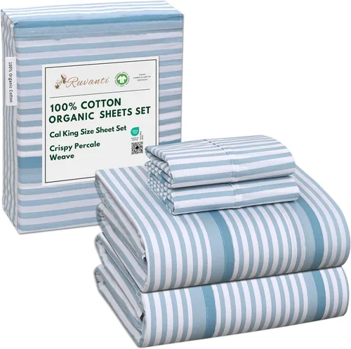 Vista 61 de RUVANTI Juego de sábanas de algodón orgánico 100% tamaño completo, tejido de percal, certificado GOTS, juego de 4 piezas, bolsillo profundo de 15