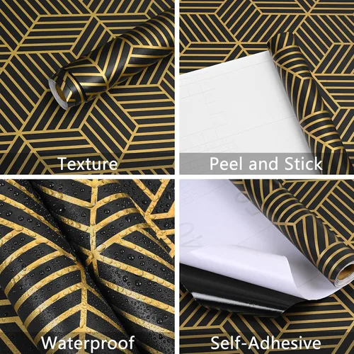 Vista 4 de WENMER Papel tapiz hexagonal geométrico de 17.7 x 118 pulgadas, para despegar y pegar, papel de contacto geométrico extraíble negro y dorado