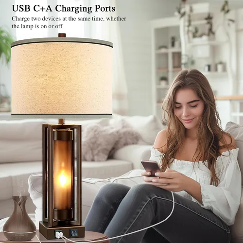 Vista 6 de Lámparas de mesa rústicas para sala de estar con puertos USB C+A, lámpara de mesita de noche vintage de granja con luz nocturna de acrílico ámbar