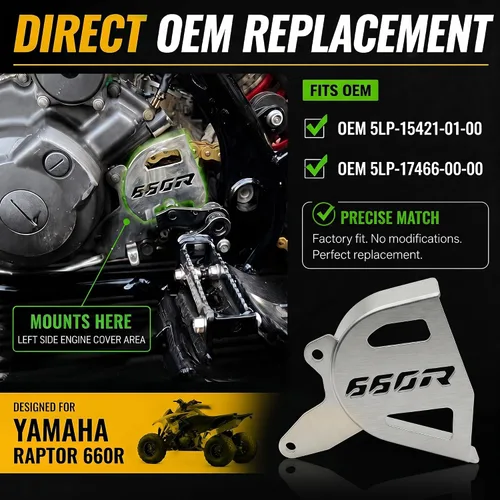 Vista 4 de Raptor 660R - Protector de caja de acero inoxidable cepillado – Cubierta de piñón resistente y guía de cadena Reemplazo directo para OEM
