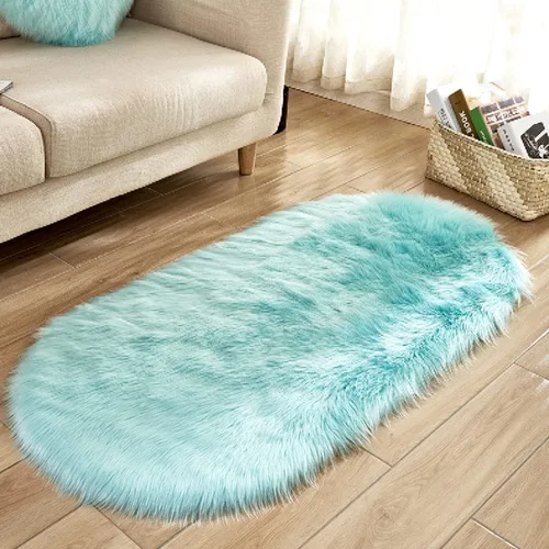 Vista 14 de CHITONE Alfombra ovalada de piel de oveja sintética, grande y larga, manta decorativa de piel sintética para cama, alfombra, tapete para sofá, Beige