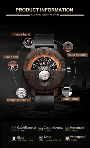 Vista 9 de GORBEN Reloj con brújula y tocadiscos de madera para hombre, elegante reloj de pulsera de madera para hombre, reloj de cuarzo ligero hecho a mano