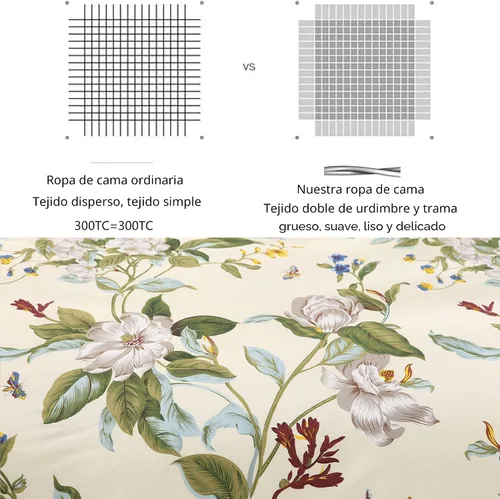 Vista 2 de FADFAY Juego de funda de edredón floral 100% algodón a rayas verdes y beige, ropa de cama de flores desgastadas con diseño de ramas botánicas