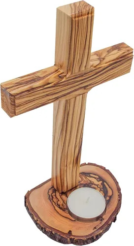 Vista 3 de Mesa de madera de olivo con cruz (8 pulgadas), cruz lisa de madera con base de portavelas