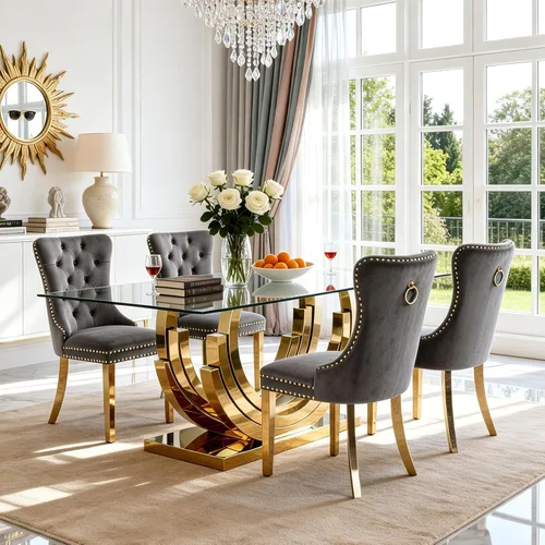 Vista 25 de SSLine Mesa de comedor de cristal dorado de 70 pulgadas para 4-6, base de Mesa de oro floral
