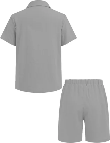 Vista 2 de COOFANDY Conjunto de 2 piezas de lino de manga corta con botones y pantalones cortos para niño