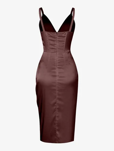 Vista 7 de ZAFUL - Vestido midi con cuello en V profundo y corsé drapeado y plisado de seda para mujer