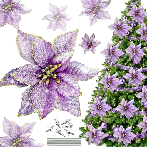 Vista 17 de Flores de purpurina de adorno para el árbol de Navidad, paquete de 12 Azul