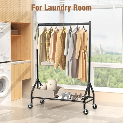 Vista 7 de EAGMAK - Perchero resistente para ropa con capacidad de carga de 420 LBS, perchero enrollable para ropa con ruedas bloqueables, perchero de metal