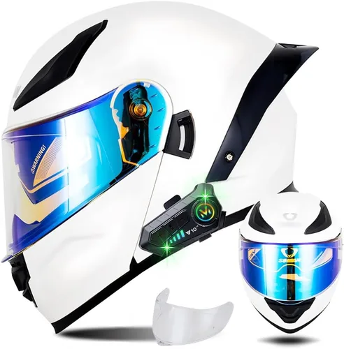 Vista 10 de Casco modular de motocicleta con Bluetooth, casco de motocicleta abatible de cara completa para hombres y mujeres con visera tintada y transparente