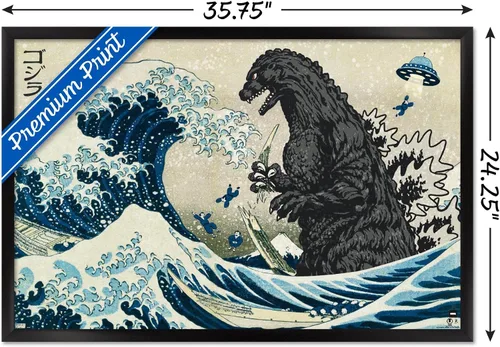 Vista 3 de Godzilla - Póster de pared Great Wave de 34 pulgadas de largo x 22.4 pulgadas de ancho, versión enmarcada en negro