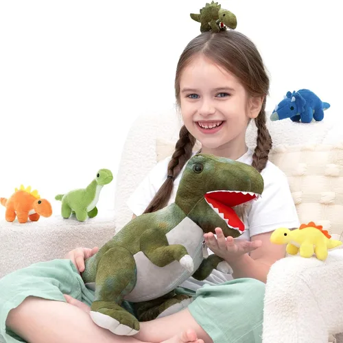 Vista 26 de Muiteiur Triceratops - Animal de peluche gigante de dinosaurio para mamá con 3 bebés pequeños, juguete de dinosaurio de felpa suave verde, regalo