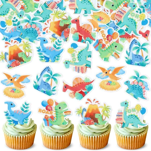 Vista 8 de 40 piezas de dinosaurios comestibles para cupcakes, huevos de dinosaurio volcán, palillos de cupcakes, lindos dinosaurios, selecciones de comida