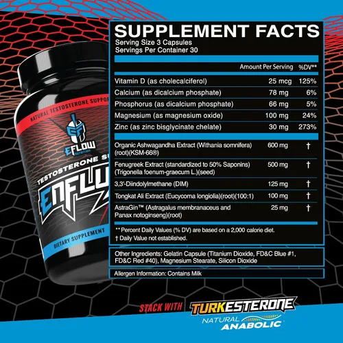 Vista 5 de eFlow Nutrition Enflux Natural T Support con KSM-66 Ashwagandha - Suplemento para apoyar la masa corporal magra para hombres y mujeres - Fenogreco
