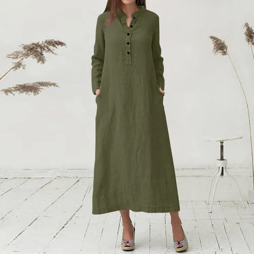Vista 2 de Maxi vestido largo liso para mujer, de algodón caftán, manga larga, vestido de gran