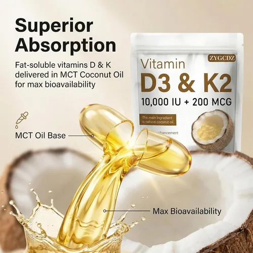 Vista 3 de Vitamina D3 10000 UI con cápsulas blandas K2 MK-7 de 200 mcg, 180 unidades Apoya la salud ósea, cardíaca e inmunológica Absorción mejorada