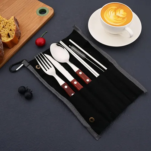 Vista 2 de JASHII Juego de cubiertos de acero inoxidable 304 con mango de madera, juego de cubiertos de madera para viaje, cuchillo de campamento, tenedor