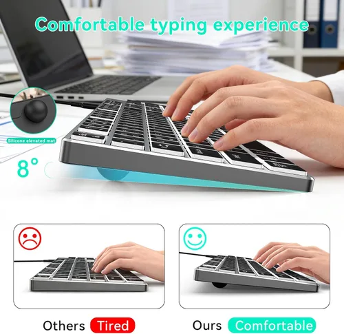 Vista 5 de POWZAN Teclado retroiluminado con cable para Windows/Mac, teclados delgados y silenciosos de aluminio de tamaño completo que se iluminan