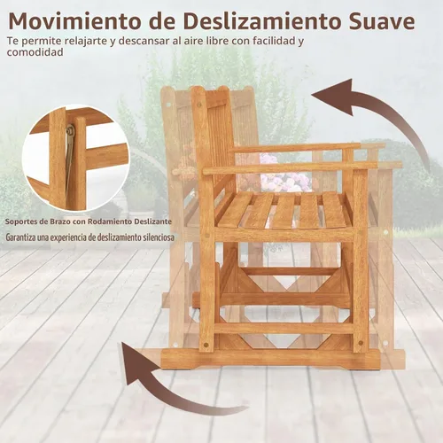 Vista 6 de Tangkula Banco planeador de madera de acacia para 2 personas, resistente 800 libras, sofá biplaza mecedora para patio con asiento y respaldo