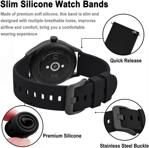 Vista 4 de BISONSTRAP Correas de reloj de silicona, correas de reloj delgadas con liberación rápida, 0.787 in, negro con hebilla negra