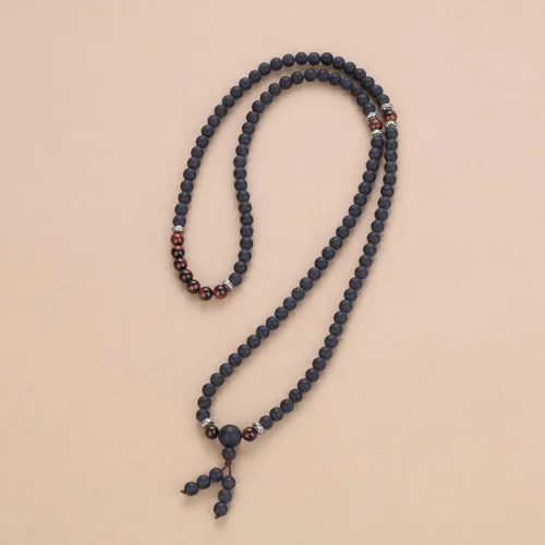 Vista 4 de COAI Collar tibetano con 108 cuentas de mala, ojo de tigre rojo, piedra de ónix mate, Piedra, Ónix