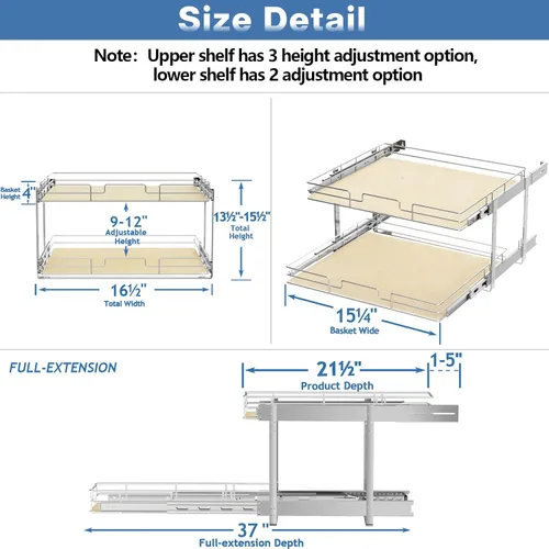 Vista 3 de ROOMTEC Organizador de Gabinete Extraíble Individual de 2 Niveles 16½"An x 21½"Pr, Organizadores de Estantes de Madera Deslizantes, Organización
