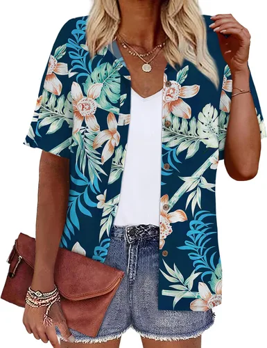Vista 30 de LILYCHIC Camisas hawaianas de verano con botones de coco para mujer, camisas suaves con botones de manga corta A-hoja floral negra