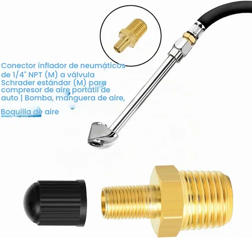 Vista 6 de Adaptador de inflador de aire de latón de 1/4 NPT (M) a válvula Schrader estándar (M), válvula de tanque, conector de inflador de neumáticos