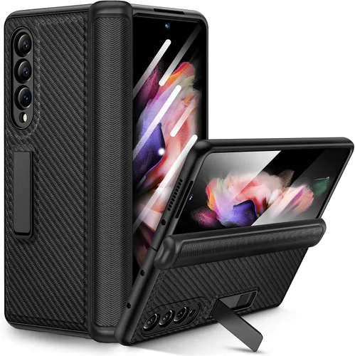 Vista 10 de Ruky - Carcasa para Samsung Galaxy Z Fold 3, color negro Magnetic Kickstand, Hinge Protection, Built-in Screen Protector PU Leather Stand Case for