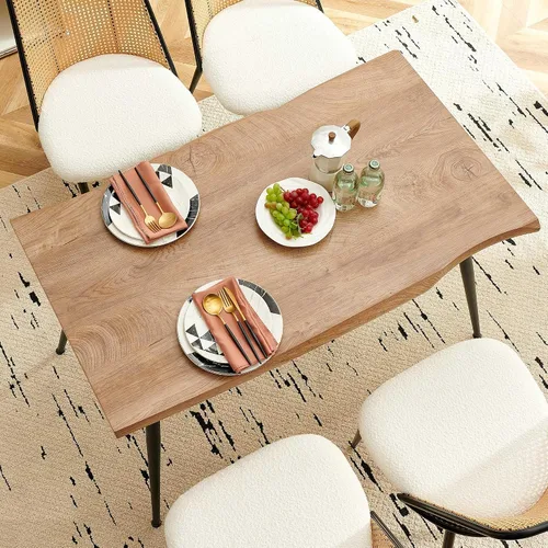 Vista 3 de NORDICANA Dining Table Set for 4, Kitchen Table and 4 Chairs, 5 Pieces Dinette Wood Table with Beige Boucle Chiars, Rattan Backrest