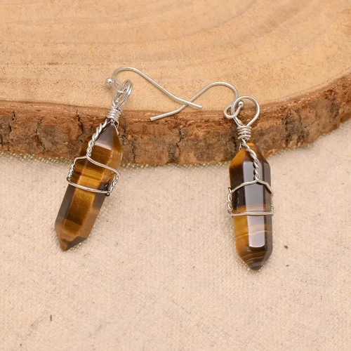 Vista 59 de Pendientes de cristal de punta envuelta en alambre de piedra pulida para mujer Reiki Energy Healing