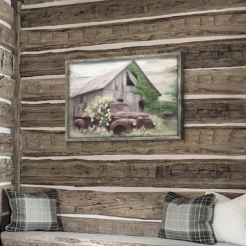 Vista 5 de Arte de pared de madera enmarcada de granja: arte de camión viejo rústico pintura de madera de granero para dormitorio
