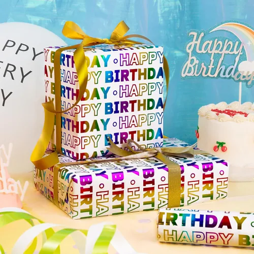 Vista 2 de LeZakaa Rollo de papel de regalo de cumpleaños, letras de feliz cumpleaños, diseño holográfico colorido para baby shower, envoltura de regalo