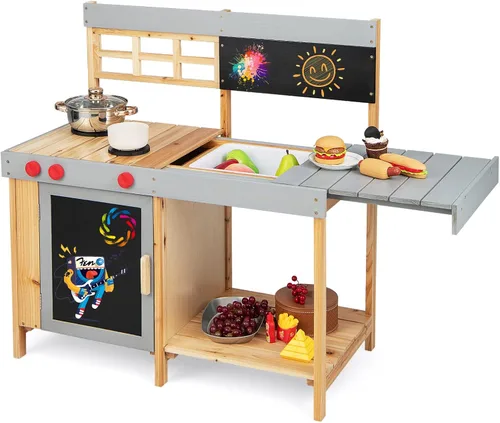 Vista 11 de HONEY JOY Juego de cocina de barro para niños, para interiores y exteriores, juguete de simulación de madera con fregadero extraíble, grifo