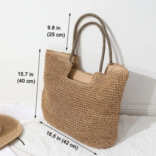 Vista 4 de Rejolly Bolso de mano de paja para mujer, para playa, verano, vacaciones, estilo bohemio, de ratán, bolso grande de hombro tejido