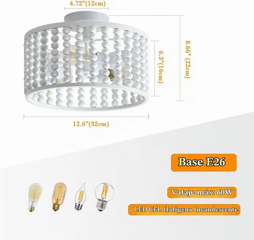 Vista 3 de tewei Candelabro de Cuentas de Madera, Accesorio de Luz de Techo Semi Empotrado Estilo Boho para Cuarto de Bebé, Candelabro Rústico de 3 Luces