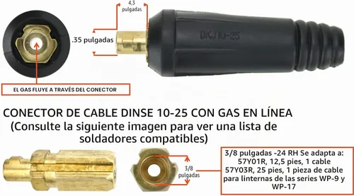 Vista 2 de SÜA - Enchufe Dinse 10-25, Gasolina INLINE, con conexión de cable de 3/8''-24 para antorchas TIG de PC Serie 9 y 17 - Modelo: LDTSI-917F