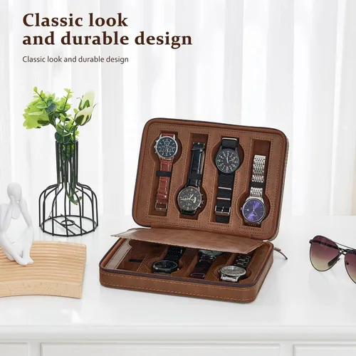 Vista 2 de BEWISHOME Estuche de viaje para relojes, cajas de reloj con 8 ranuras para hombre, organizador de relojes portátil, vitrina de relojes, accesorio