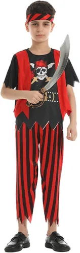 Vista 3 de Disfraz de pirata para niños, juego de rol de pirata, abrigo para niños, pantalones, sombrero con accesorios, juego de lujo para fiesta y cosplay