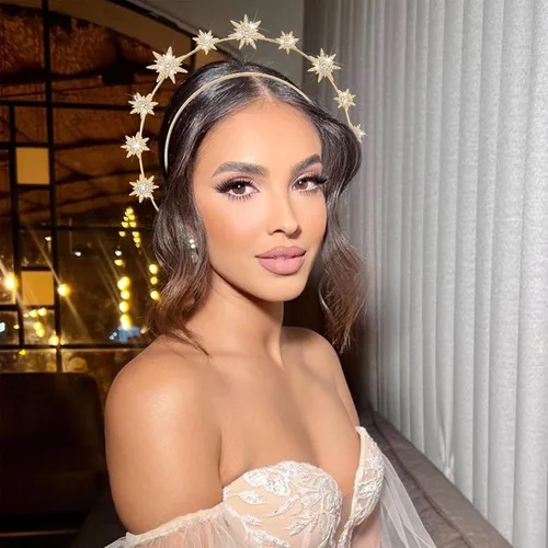 Vista 5 de Halo Crown Stars Rhinestone Crown Headbands Goddess Headpiece Crystal Halo Headbands