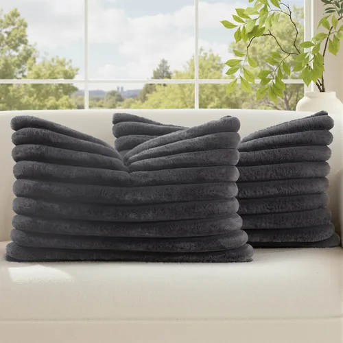 Vista 10 de decorUhome Fundas de almohada de piel sintética, juego de 2, decorativas, afelpadas, suaves, afelpadas, a rayas, parte posterior de terciopelo
