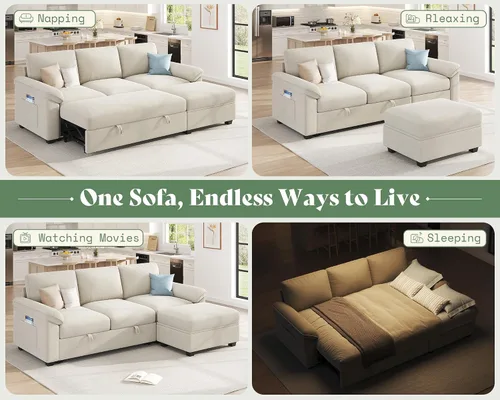 Vista 8 de VanAcc Sofá cama de 81 pulgadas, sofá cama con almacenamiento, sofá Beige