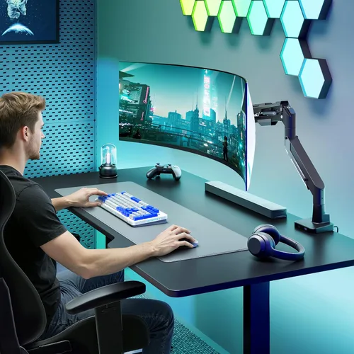 Vista 2 de ARES WING Brazo de monitor ultraancho de alta resistencia, soporte de monitor de aluminio con resorte de gas con USB para pantallas curvas de 24 a