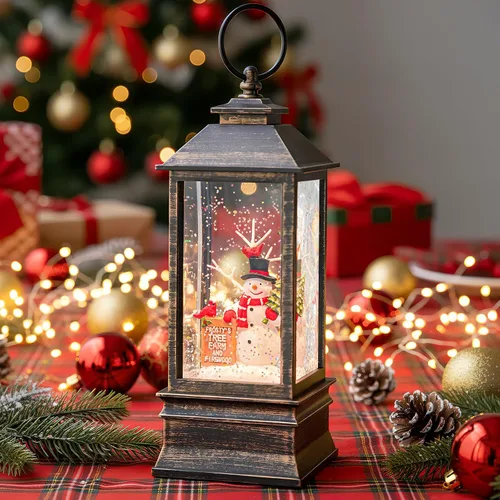 Vista 9 de Globo de nieve de Navidad con agua brillante de muñeco de nieve con música y temporizador, linterna iluminada con pilas para regalos de decoración