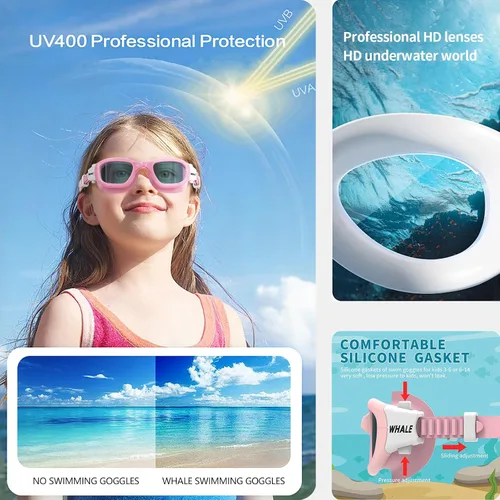 Vista 4 de Whale Gafas de natación polarizadas patentadas A2 GE antivaho y UV para adultos, hombres, mujeres y jóvenes (espejo plano, marco rosa)