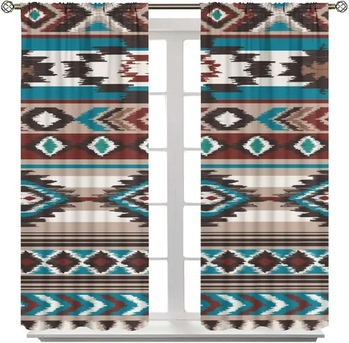 Vista 395 de Cortinas con patrón geométrico tribal, estilo suroeste, azteca, rústico, occidental, nativo americano, opacas, con bolsillo para barra, decoración