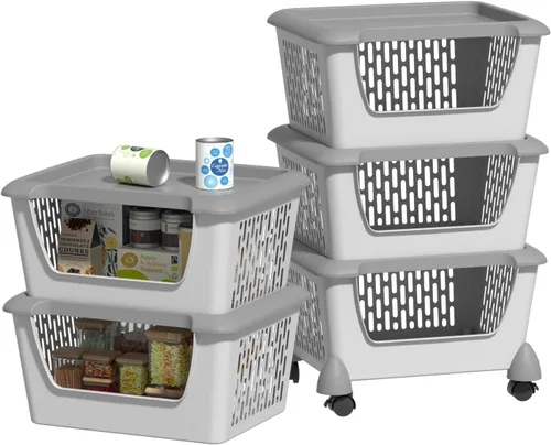 Vista 9 de Morcte Paquete de 5 cestas de almacenamiento apilables de plástico con tapas, cesta organizadora apilable con ruedas, color gris Stacking