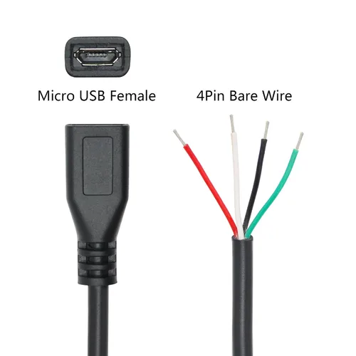 Vista 3 de Cable corto micro USB hembra de 4 pines de 11 pulgadas, 24AWG USB 5V/2A 4 pines Pigtail Cable de alimentación y datos de extremo abierto
