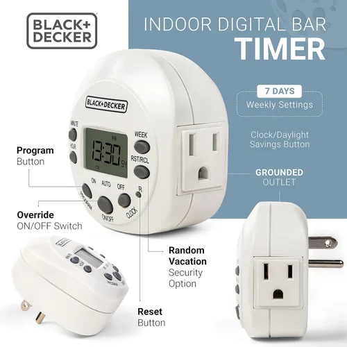Vista 3 de BLACK+DECKER Temporizadores de luz, programables, para interiores, 1 paquete, con toma de tierra, toma de corriente digital compacta con modo